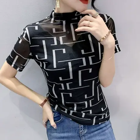 2024春装新款网纱半高领T恤女短袖修身显瘦小衫洋气设计感上衣ins商品大图