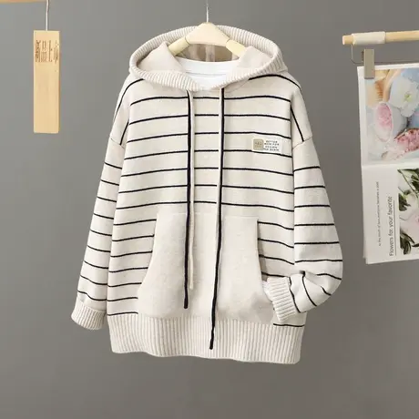 学院风连帽毛衣外套女秋冬加厚宽松中长款内搭外穿套头针织衫上衣图片