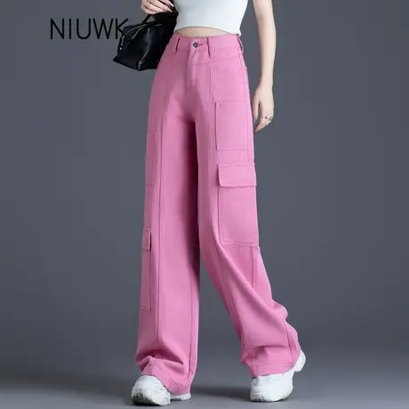 清仓2025新款春夏季裤子牛仔裤女宽松高腰直筒裤阔腿裤粉色工装裤商品大图