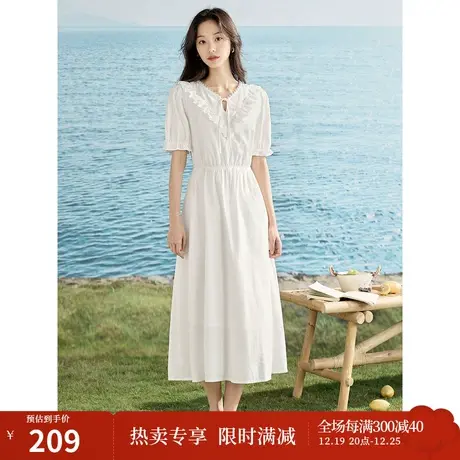 【商场同款】茵曼气质仙女连衣裙2023夏女装新款V领收腰花边长裙图片