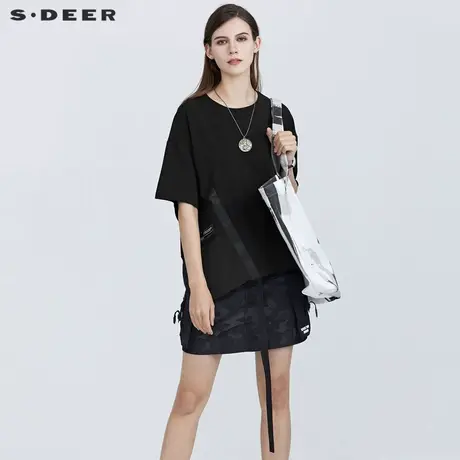 sdeer圣迪奥女装休闲圆领字母胶印飘带短袖T恤S21280137图片