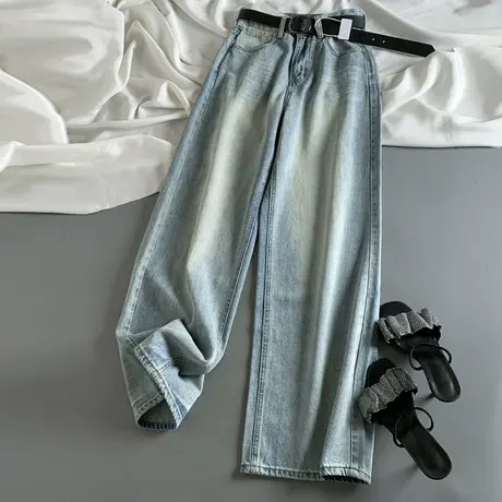 欧货水洗浅色高腰牛仔阔腿裤女2025春季新款休闲百搭宽松直筒长裤商品大图