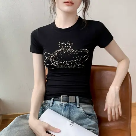 歌倍尚圆领别致烫钻短袖T恤女2025春季新款修身显瘦正肩内搭上衣图片