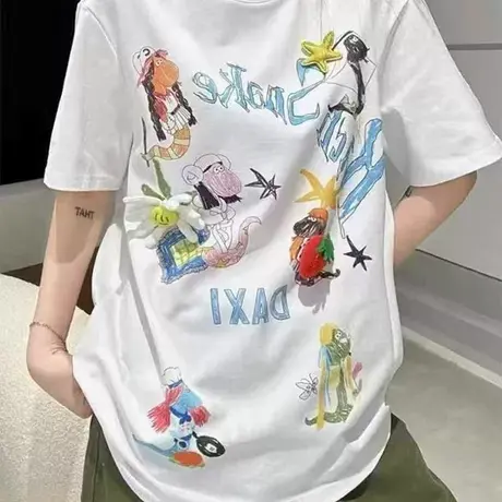 韩国东大门2025夏季新款减龄卡通涂鸦印花立体装饰短袖T恤女上衣商品大图