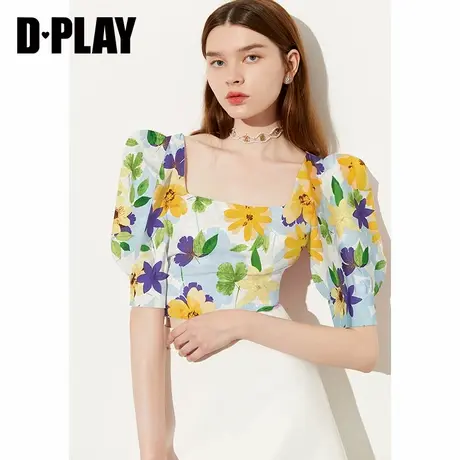 DPLAY夏新款夏日少女感度假花卉宫廷方领高腰小个子款小衫图片