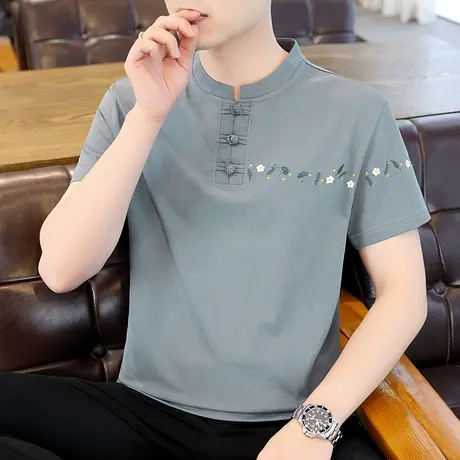 薄款盘扣刺绣立领短袖T恤夏季男士新中式国风青年唐装体恤打底衫商品大图