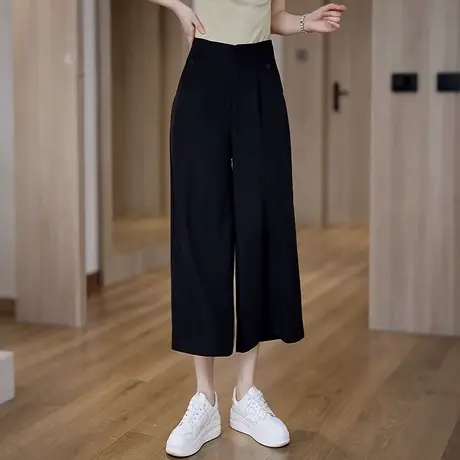 薄款麻料高腰阔腿裤女夏季垂坠宽松直筒休闲裤显瘦舒适百搭八分裤商品大图