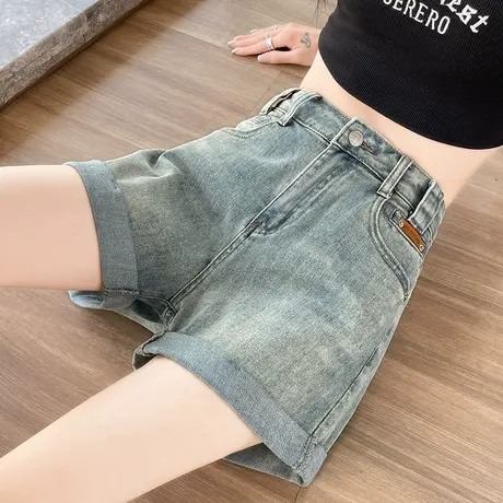 复古牛仔短裤女新款夏季薄款高腰显瘦宽松a字卷边大码阔腿裤热裤商品大图