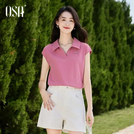 OSA欧莎正肩Polo领针织衫T恤上衣女士夏季新款别致显瘦小飞袖短袖图片