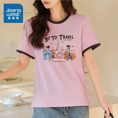 YD真维斯女装2025夏季新款可爱卡通涂鸦印花百搭时尚针织短袖T恤商品大图