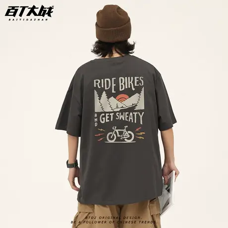 美式户外骑车印花短袖t恤男夏季休闲宽松纯棉圆领骑行友穿搭半袖商品大图