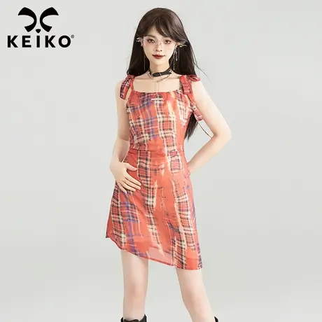 KEIKO 法式不规则格子吊带裙25夏日橘红色度假出游显瘦雪纺连衣裙商品大图