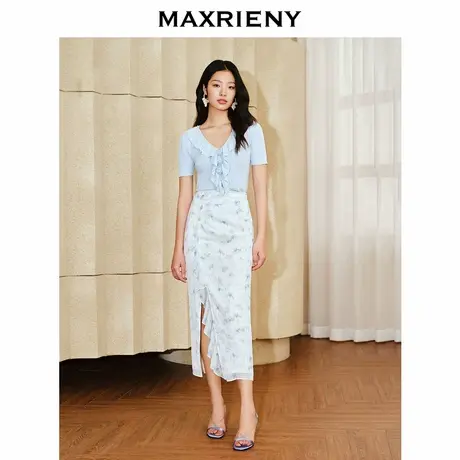 【奥莱】MAXRIENY浪漫感荷叶边开衩半裙雪纺印花半身裙子图片