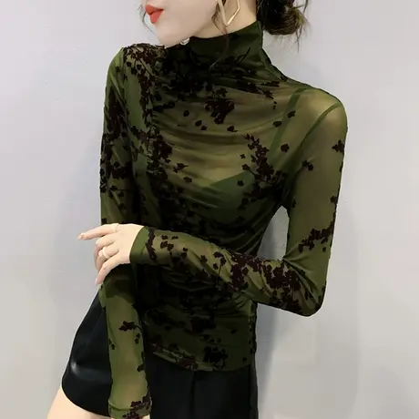 加绒打底衫女春秋洋气复古长袖T恤网纱植绒小衫紧身内搭高领上衣商品大图