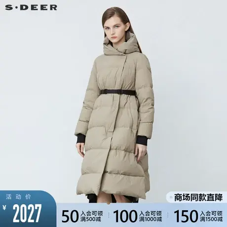 sdeer圣迪奥2021冬季新品高领连帽收腰罗纹长款羽绒服女S21482468图片