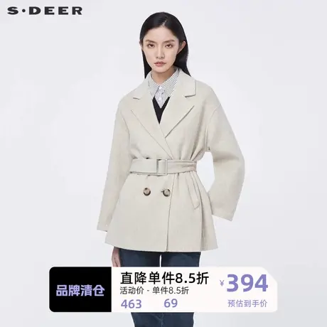 sdeer圣迪奥女装冬休闲西装领双排扣收腰高级感毛呢大衣S21461701图片