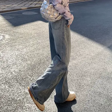 尔给早春原色蓝复古直筒阔腿牛仔裤女百搭显瘦高腰时尚宽松拖地裤商品大图