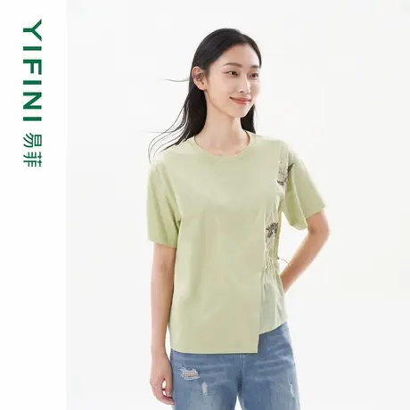 [专柜同款]Yifini/易菲宽松短款时尚圆领拼接绣花时尚国风针织T恤图片