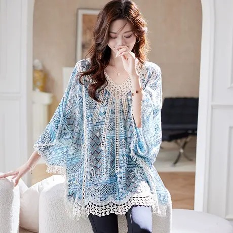 宝诗黎蝙蝠袖钉珠印花上衣2025夏季气质波西米亚风宽松大码女装图片
