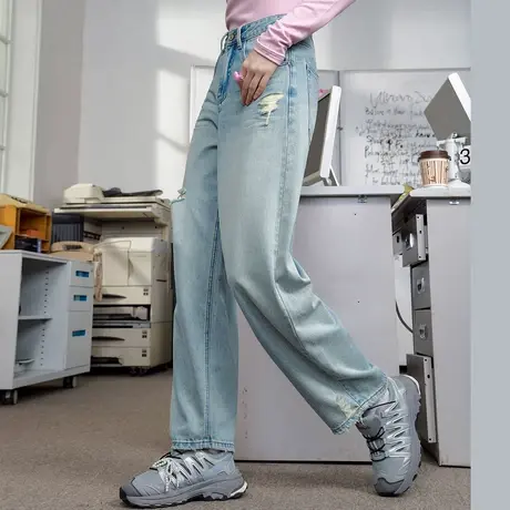 a02高腰显瘦浅色破洞直筒裤2025春季街头休闲女式牛仔裤商品大图