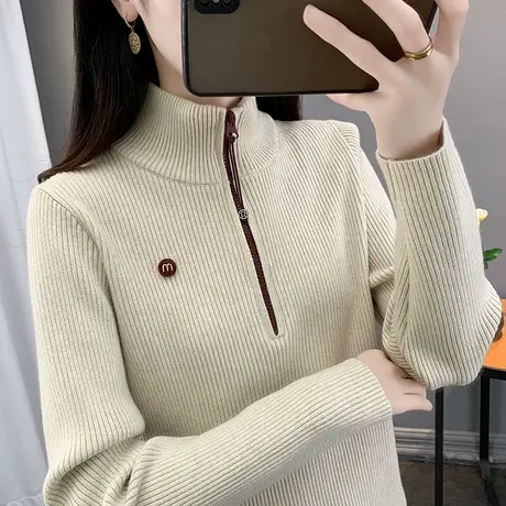 半高领拉链毛衣女加厚打底衫2025春秋新款外穿针织衫内搭弹力上衣商品大图