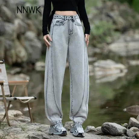 灰色复古弯刀牛仔裤女2025新款春秋季拼接宽松镰刀裤显瘦高腰长裤商品大图