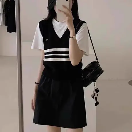 假两件v领冰丝针织衫正肩短袖t恤女夏季设计感超好看独特漂亮上衣商品大图