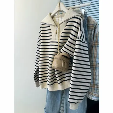 bf慵懒风条纹Polo翻领长袖卫衣女春秋薄款韩版宽松休闲半拉链上衣商品大图