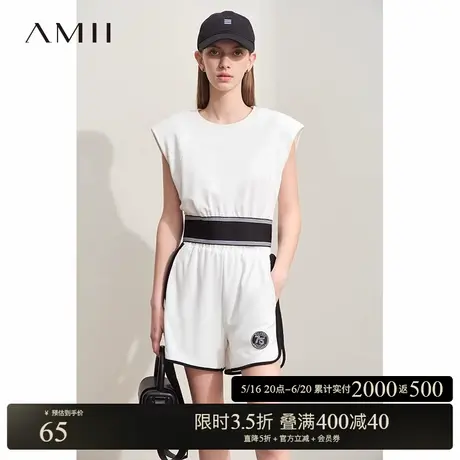 Amii2025夏新款运动风短款直筒宽肩有垫肩无袖撞色橡筋套头T恤女图片