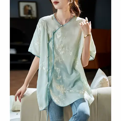 宝诗黎中长款系带刺绣雪纺衫2025夏季新中式钉珠宽松大码百搭女装图片