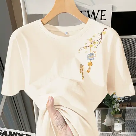 KV真维斯杏色短袖t恤女2025新款夏季小个子休闲宽松纯棉国风上衣商品大图