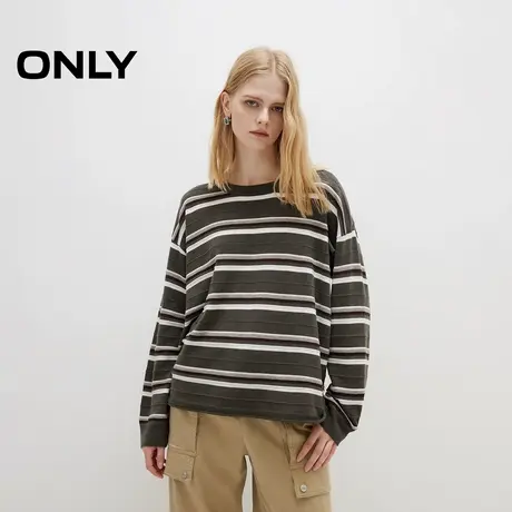 ONLY2025秋季新款学院风圆领落肩撞色条纹宽松舒适长袖针织衫女商品大图