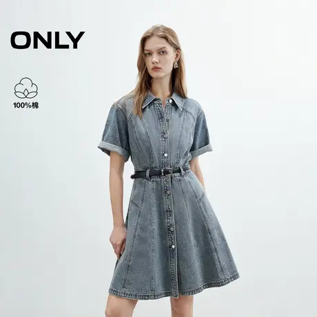 ONLY2025夏季新款纯棉丹宁风翻领短袖腰带收腰短裙牛仔连衣裙女商品大图