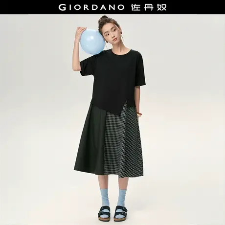 设计师款佐丹奴裙子女拼接不规则下摆减龄圆领短袖连衣裙18465218商品大图