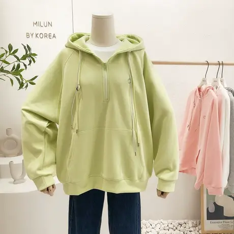 2022春秋薄款上衣韩国东大门ins简约纯色半拉链卫衣外套宽松大码商品大图