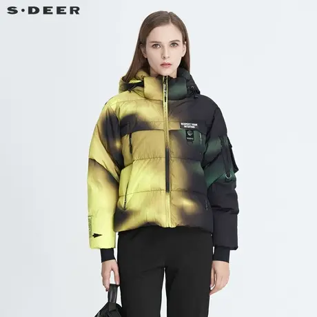 sdeer圣迪奥冬季高领连帽设计感渐变罗纹短款羽绒服女S20482439商品大图