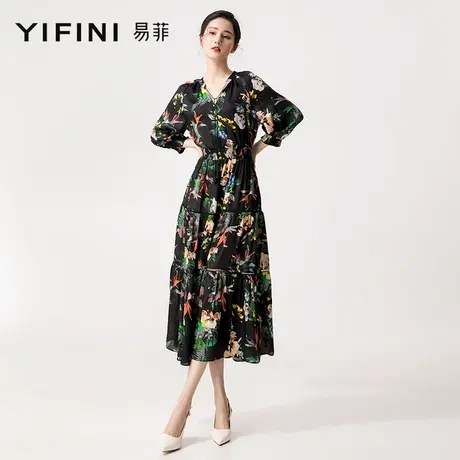 Yifini/易菲100%v领真丝连衣裙七分袖中长款过膝长裙夏季新款图片