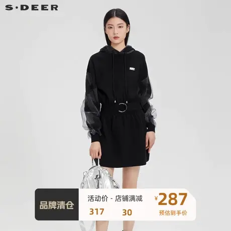 sdeer圣迪奥女装连帽晕染网纱收腰字母中长款针织衫S223Z3599🏙商品大图