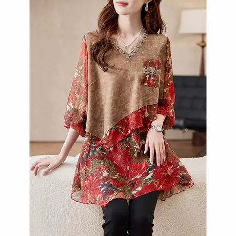 宝诗黎假两件印花拼接雪纺衫2025春季设计感洋气百搭气质小衫女图片