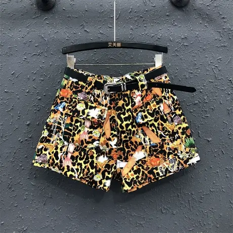 韩版个性豹纹休闲百搭牛仔短裤女2025夏季新款宽松显瘦阔腿裤热裤图片