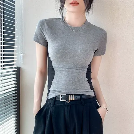 莱赛尔拼色圆领短袖T恤女2025春夏新款修身ins设计感小众内搭上衣图片