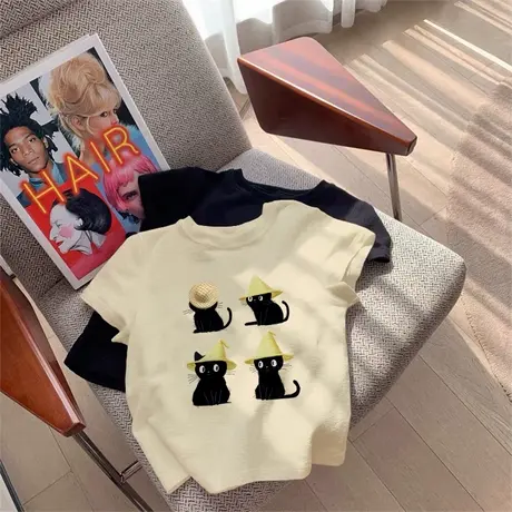 美式短袖t恤女2025新款夏季小众设计感潮牌印花正肩短款修身上衣商品大图