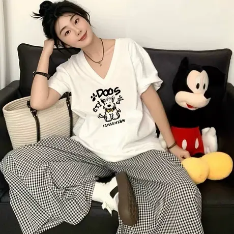 V领短袖t恤女oversize大码慵懒轻熟百搭学院风胖mm上衣ins潮港风商品大图