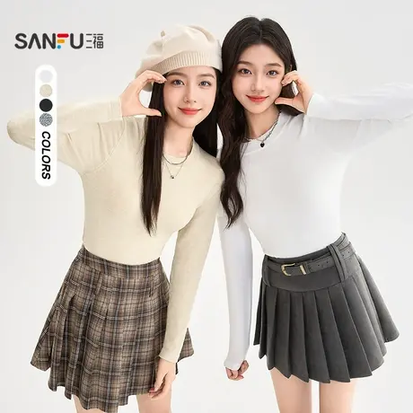 三福打底毛衫2025秋季圆领合体毛针织衫时尚上衣女装502501商品大图