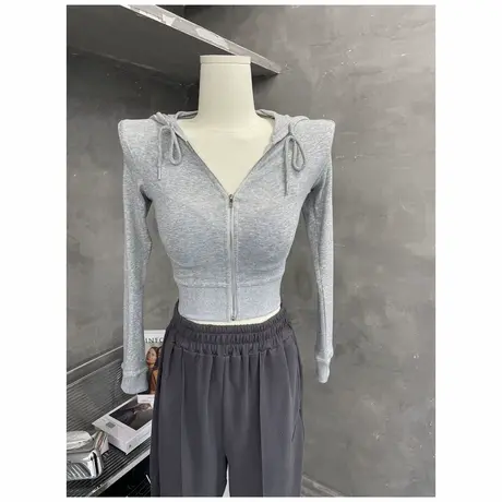 超紧身显胸大～ins韩国拉链连帽上衣长袖短款修身开衫小外套女潮商品大图