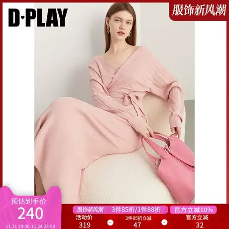 DPLAY秋装法式优雅花簇粉系带收腰V领修身长袖针织连衣裙图片