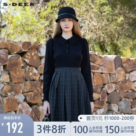 sdeer圣迪奥春装复古甜美翻领抽褶黑色针织衫女S21463525图片