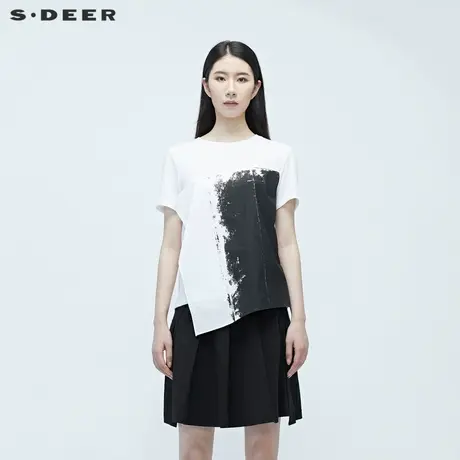 sdeer圣迪奥女装夏装不规则拼接印花短袖基础白色T恤S20280133图片