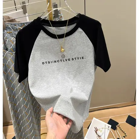 夏季新款插肩袖正肩纯棉短袖T恤时尚拼接显瘦上衣宽松内搭打底衫商品大图