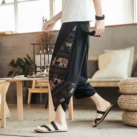 七分裤男夏季薄款中国风棉麻阔腿裤宽松大码印花亚麻短裤沙滩裤潮商品大图